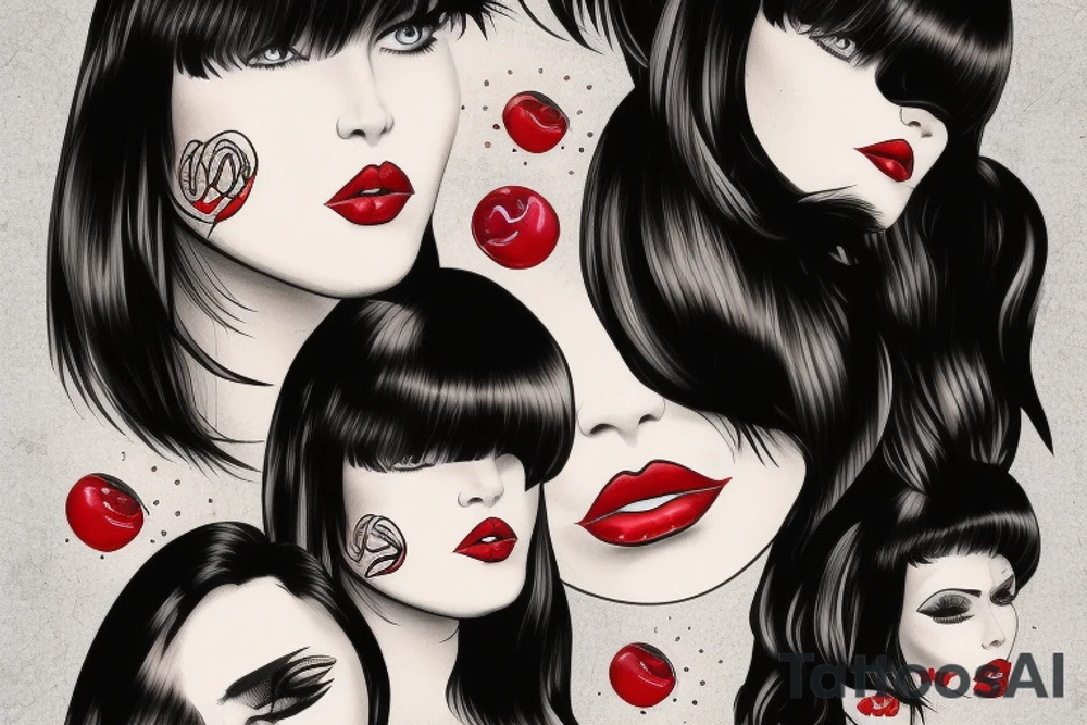 Black hair with bangs woman with big red lips and high cheekbones tattoo idea
