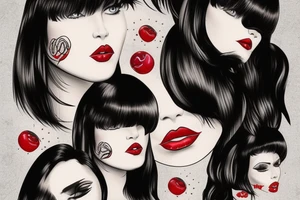 Black hair with bangs woman with big red lips and high cheekbones tattoo idea