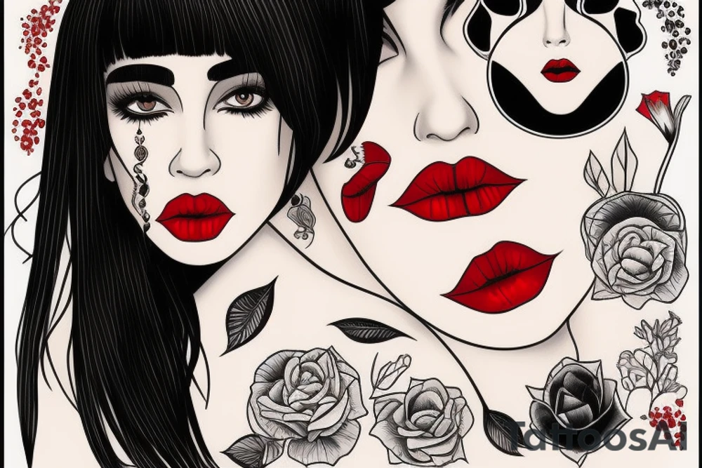 Black hair with bangs woman with big red lips and high cheekbones tattoo idea