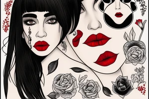 Black hair with bangs woman with big red lips and high cheekbones tattoo idea