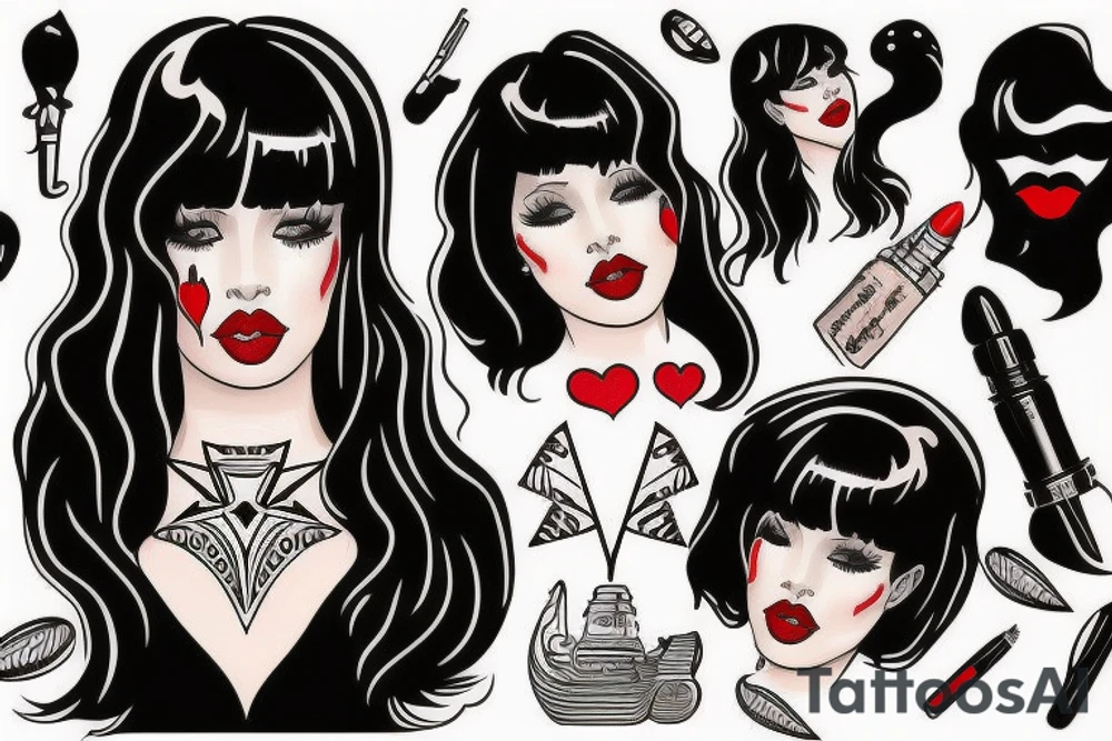 Black hair with bangs woman with big red lips and high cheekbones tattoo idea