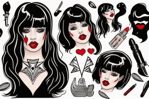 Black hair with bangs woman with big red lips and high cheekbones tattoo idea
