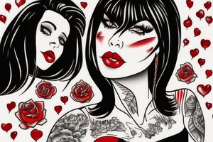 Black hair with bangs woman with big red lips and high cheekbones tattoo idea