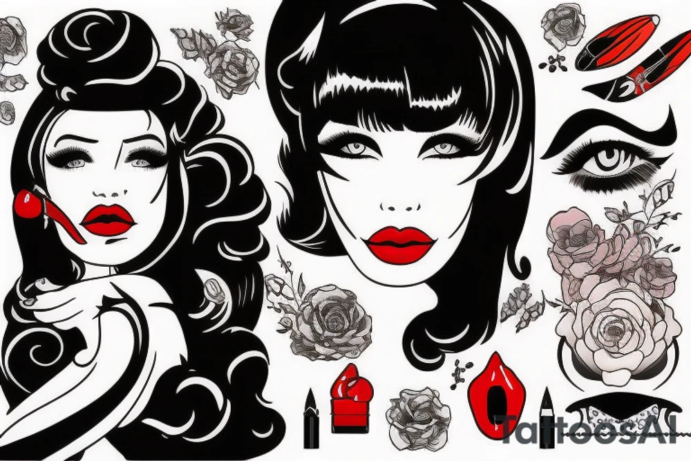 Black hair with bangs woman with big red lips and high cheekbones tattoo idea