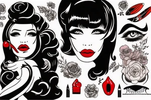 Black hair with bangs woman with big red lips and high cheekbones tattoo idea