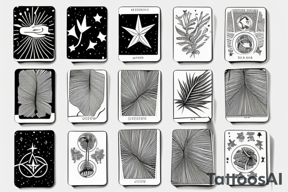 A star tarot card with minimalist starry background and monstera leaves tattoo idea