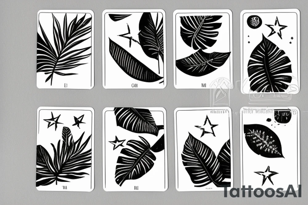 A star tarot card with minimalist starry background and monstera leaves tattoo idea