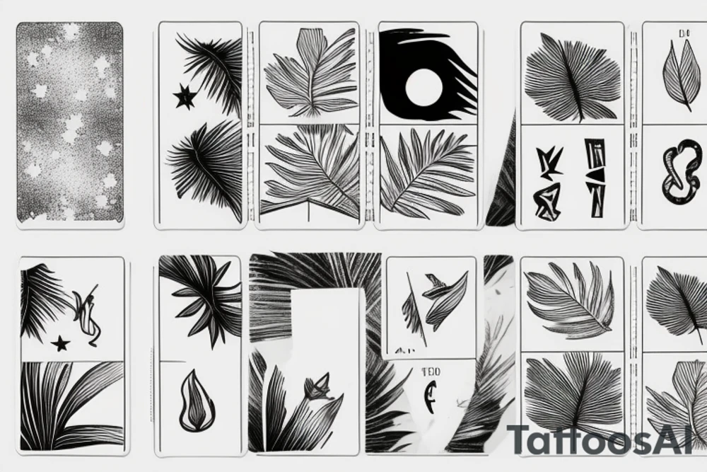 A star tarot card with minimalist starry background and monstera leaves with the tarot card outline and information tattoo idea