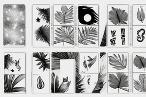 A star tarot card with minimalist starry background and monstera leaves with the tarot card outline and information tattoo idea