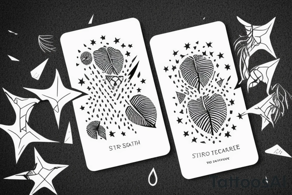 A star tarot card with minimalist starry background and monstera leaves with the tarot card outline and information tattoo idea