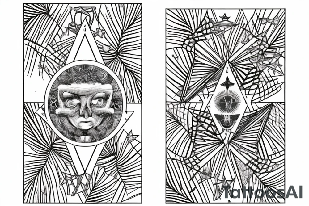 A star tarot card with minimalist starry background and monstera leaves with the tarot card outline and information tattoo idea