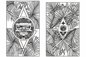 A star tarot card with minimalist starry background and monstera leaves with the tarot card outline and information tattoo idea