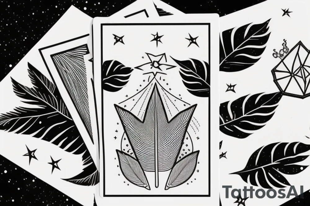 A star tarot card with minimalist starry background and monstera leaves with the tarot card outline and information tattoo idea