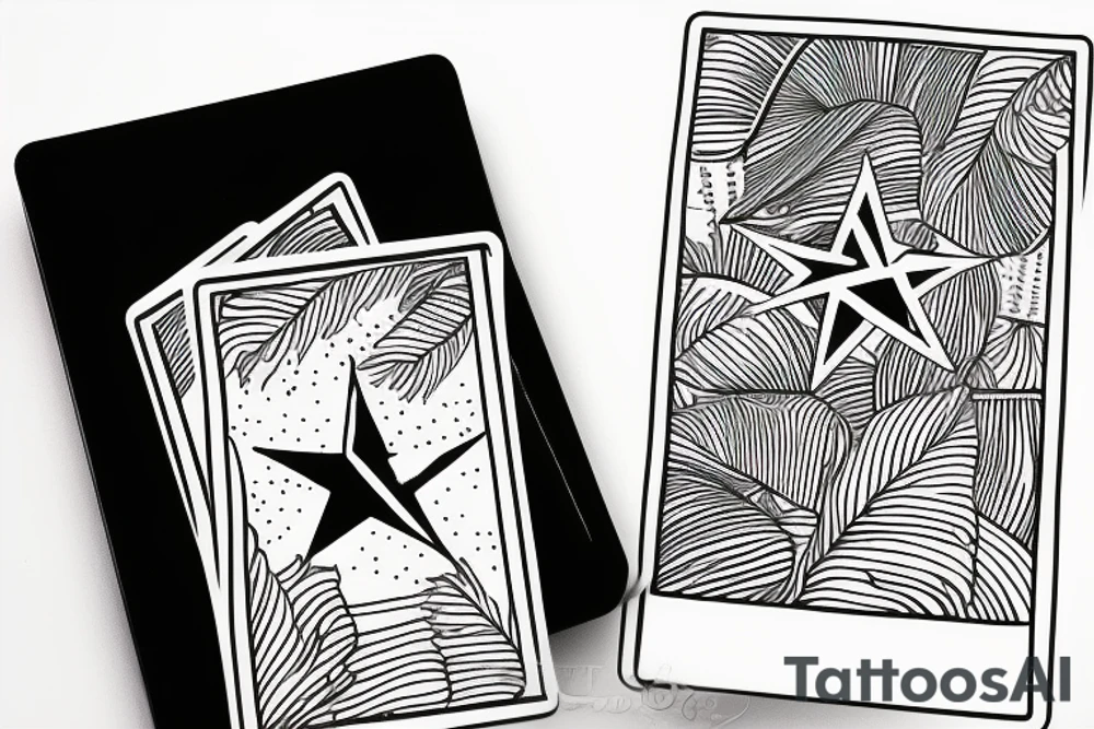 A star tarot card with minimalist starry background and monstera leaves with the tarot card outline and information tattoo idea
