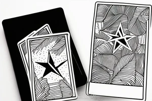 A star tarot card with minimalist starry background and monstera leaves with the tarot card outline and information tattoo idea