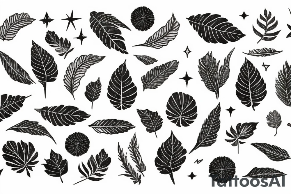 A star tarot card with minimalist starry background and monstera leaves with the tarot card outline and information tattoo idea