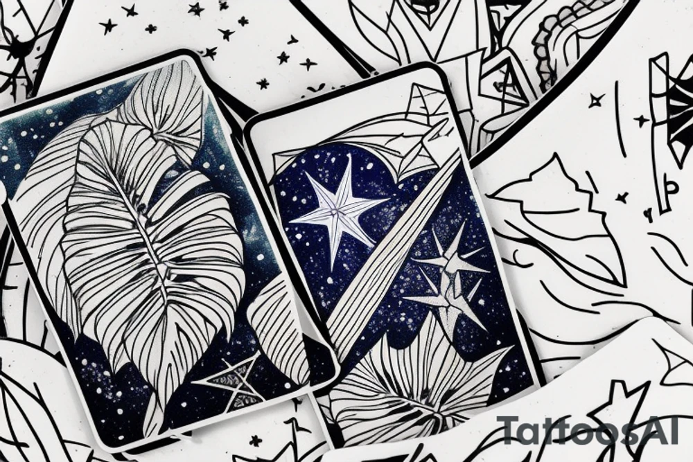 The Star tarot card and on the card is a starry sky background with a river running through the card and monstera leaves along the rivers edge. All enclosed in the card with a border and XVII in the border. tattoo idea