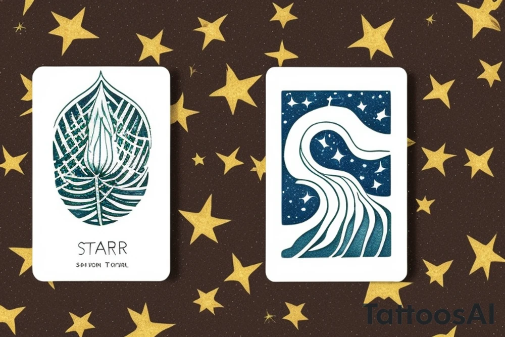 The Star tarot card and on the card is a starry sky background with a river running through the card and monstera leaves along the rivers edge. All enclosed in the card with a border and XVII in the border. tattoo idea