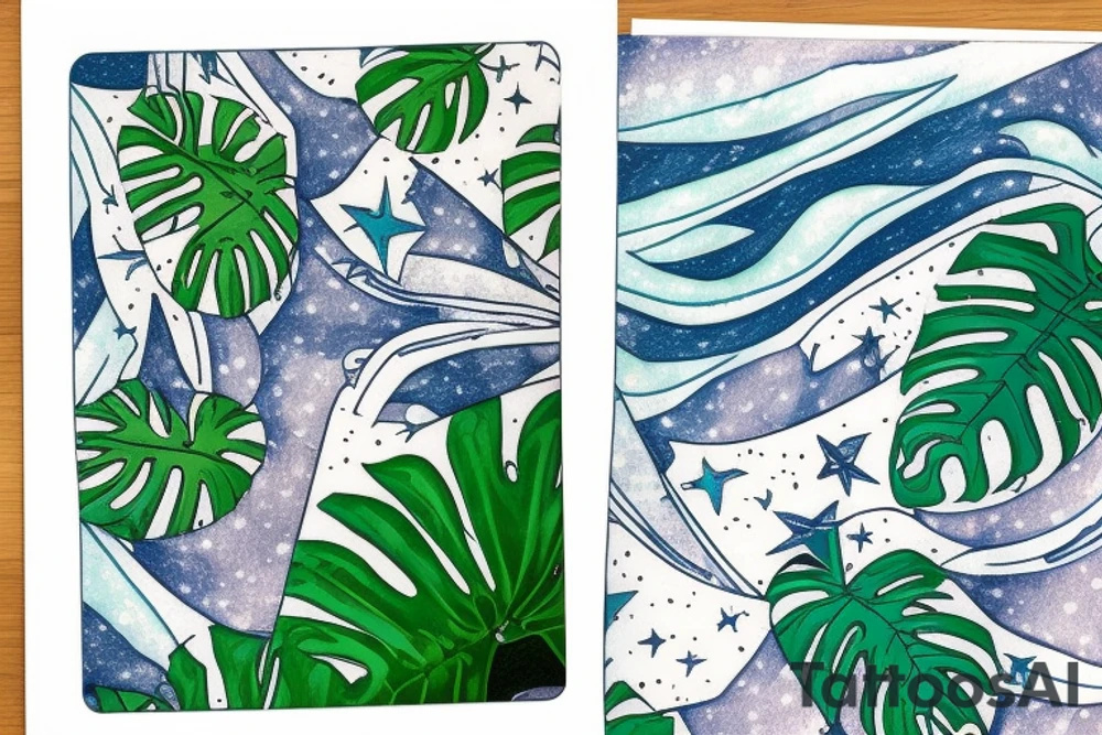 The Star tarot card and on the card is a starry sky background with a river running through the card and monstera leaves along the rivers edge. All enclosed in the card with a border and XVII in the border. There is a faceless woman scooping water into a vase tattoo idea