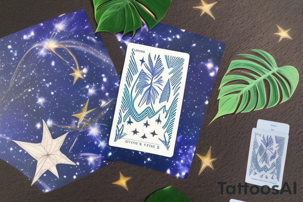The Star tarot card and on the card is a starry sky background with a river running through the card and monstera leaves along the rivers edge. All enclosed in the card with a border and XVII in the border. There is a faceless woman scooping water into a vase tattoo idea