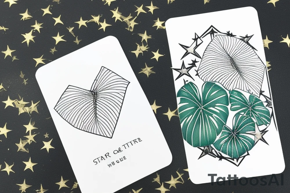 The Star tarot card and on the card is a starry sky background with a river running through the card and monstera leaves along the rivers edge. All enclosed in the card with a border and XVII in the border. There is a faceless woman scooping water into a vase tattoo idea