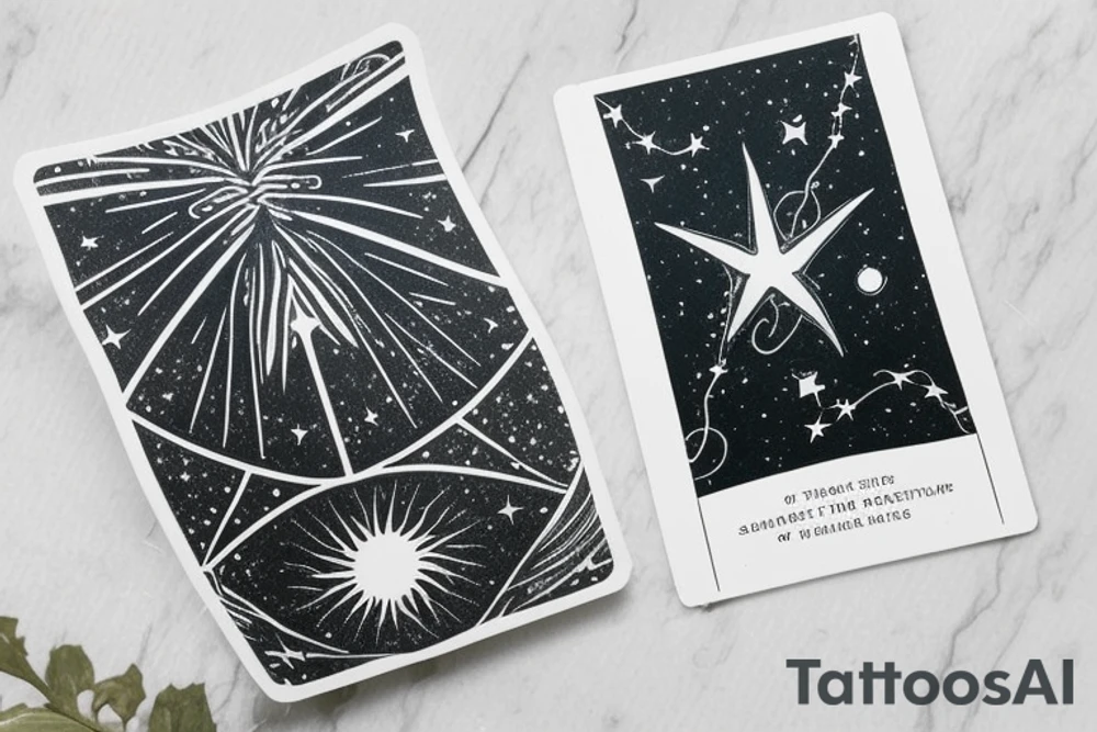 The Star tarot card and on the card is a starry sky background with a river running through the card and monstera leaves along the rivers edge. All enclosed in the card with a border and XVII in the border. There is a faceless woman scooping water into a vase tattoo idea