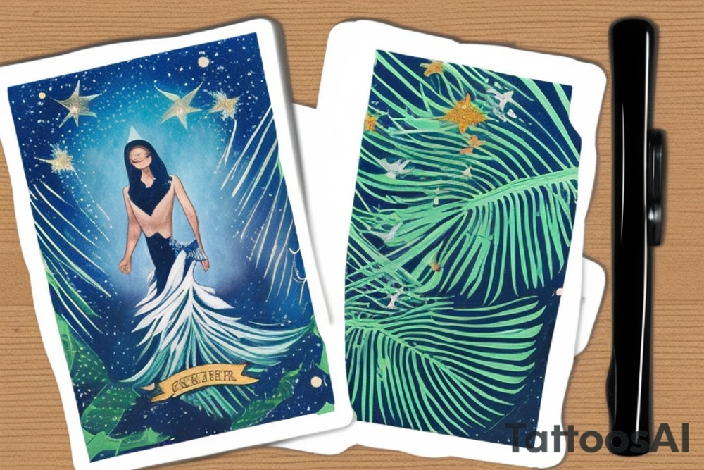 The Star tarot card and on the card is a starry sky background with a river running through the card and monstera leaves along the rivers edge. All enclosed in the card with a border and XVII in the border. There is a faceless woman scooping water into a vase tattoo idea