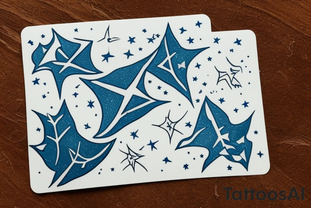 The Star tarot card and on the card is a starry sky background with a river running through the card and monstera leaves along the rivers edge. All enclosed in the card with a border and XVII in the border. There is a faceless woman scooping water into a vase tattoo idea