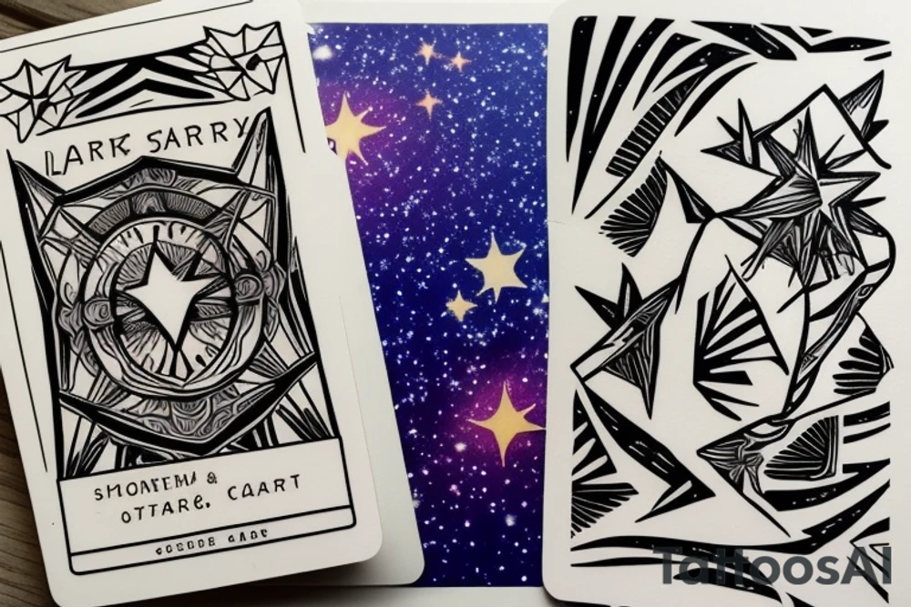 The Star tarot card and on the card is a starry sky background with wayer running along the edges of the card. Monstera leaves along the bottom edge. There is a faceless woman catching water into a vase. All enclosed in the card with a border and XVII in the border. tattoo idea