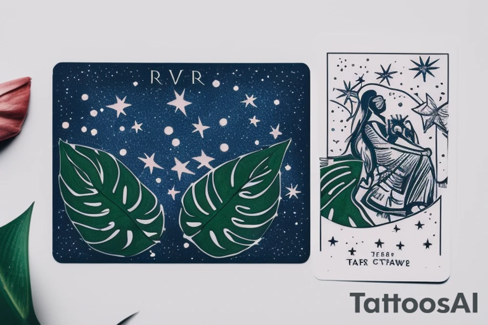 The Star tarot card and on the card is a starry sky background with wayer running along the edges of the card. Monstera leaves along the bottom edge. There is a faceless woman catching water into a vase. All enclosed in the card with a border and XVII in the border. tattoo idea