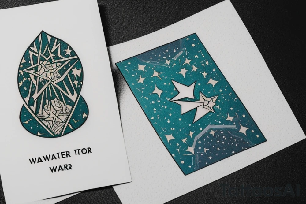 The Star tarot card and on the card is a starry sky background with wayer running along the edges of the card. Monstera leaves along the bottom edge. There is a faceless woman catching water into a vase. All enclosed in the card with a border and XVII in the border. tattoo idea