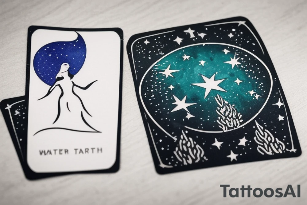The Star tarot card and on the card is a starry sky background with wayer running along the edges of the card. Monstera leaves along the bottom edge. There is a faceless woman catching water into a vase. All enclosed in the card with a border and XVII in the border. tattoo idea
