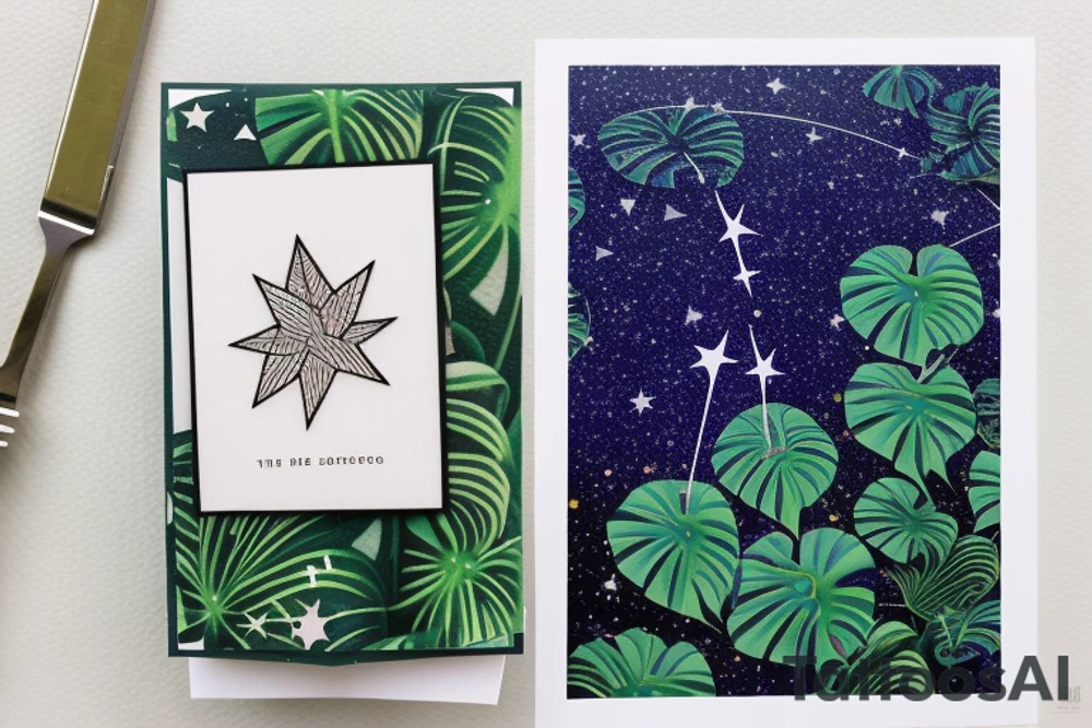 The Star tarot card and on the card is a starry sky background with wayer running along the edges of the card. Monstera leaves along the bottom edge. There is a faceless woman catching water into a vase. All enclosed in the card with a border and XVII in the border. tattoo idea