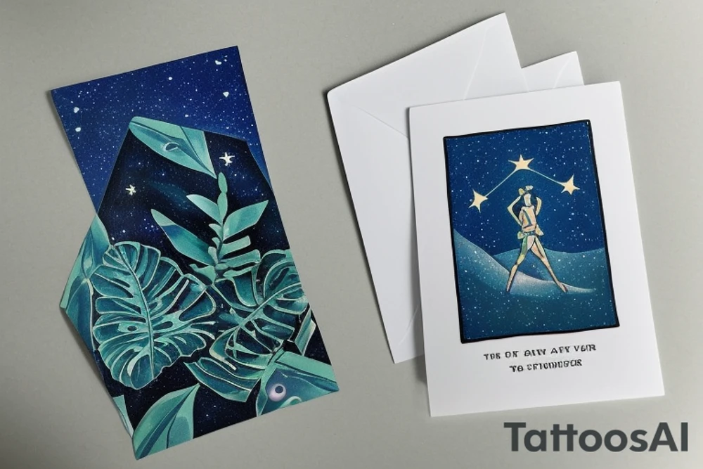 The Star tarot card and on the card is a starry sky background with wayer running along the edges of the card. Monstera leaves along the bottom edge. There is a faceless woman catching water into a vase. All enclosed in the card with a border and XVII in the border. tattoo idea
