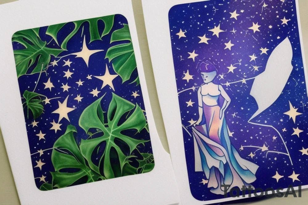 The Star tarot card and on the card is a starry sky background with wayer running along the edges of the card. Monstera leaves along the bottom edge. There is a faceless woman catching water into a vase. All enclosed in the card with a border and XVII in the border. tattoo idea
