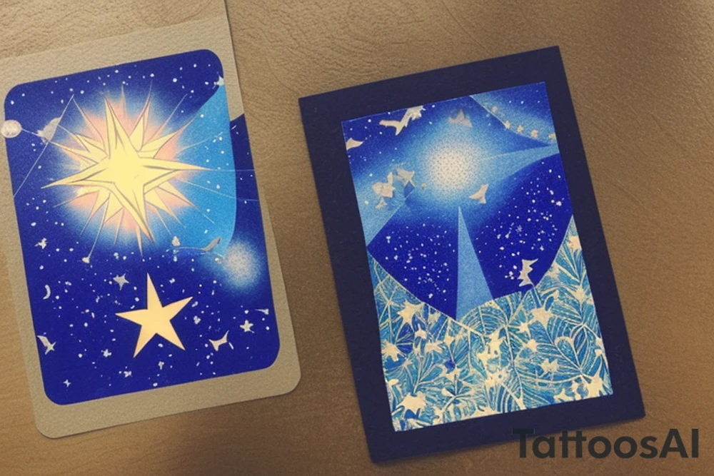 The Star tarot card and on the card is a starry sky background with wayer running along the edges of the card. Monstera leaves along the bottom edge. There is a faceless woman catching water into a vase. All enclosed in the card with a border and XVII in the border. tattoo idea
