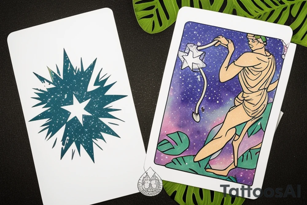The Star tarot card and on the card is a starry sky background with wayer running along the edges of the card. Monstera leaves along the bottom edge. There is a faceless woman catching water into a vase. All enclosed in the card with a border and XVII in the border. tattoo idea