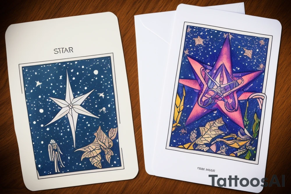 The Star tarot card and on the card is a starry sky background with wayer running along the edges of the card. Monstera leaves along the bottom edge. There is a faceless woman catching water into a vase. All enclosed in the card with a border and XVII in the border. tattoo idea