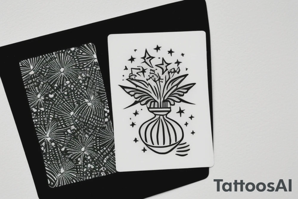 The Star tarot card and on the card is a starry sky background with wayer running along the edges of the card. Monstera leaves along the bottom edge. There is a faceless woman catching water into a vase. All enclosed in the card with a border and XVII in the border. tattoo idea