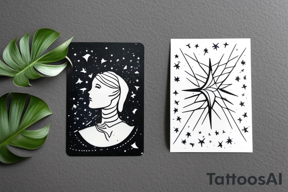 The Star tarot card and on the card is a starry sky background with wayer running along the edges of the card. Monstera leaves along the bottom edge. There is a faceless woman catching water into a vase. All enclosed in the card with a border and XVII in the border. tattoo idea