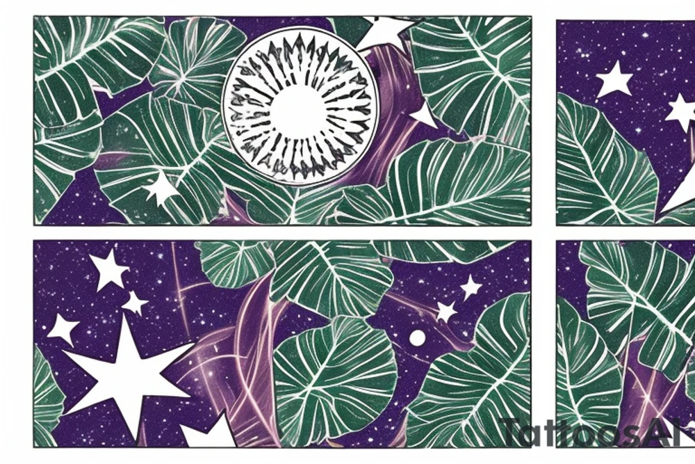 The Star tarot card and on the card is a starry sky background with wayer running along the edges of the card. Monstera leaves along the bottom edge. There is a faceless woman catching water into a vase. All enclosed in the card with a border and XVII in the border. tattoo idea