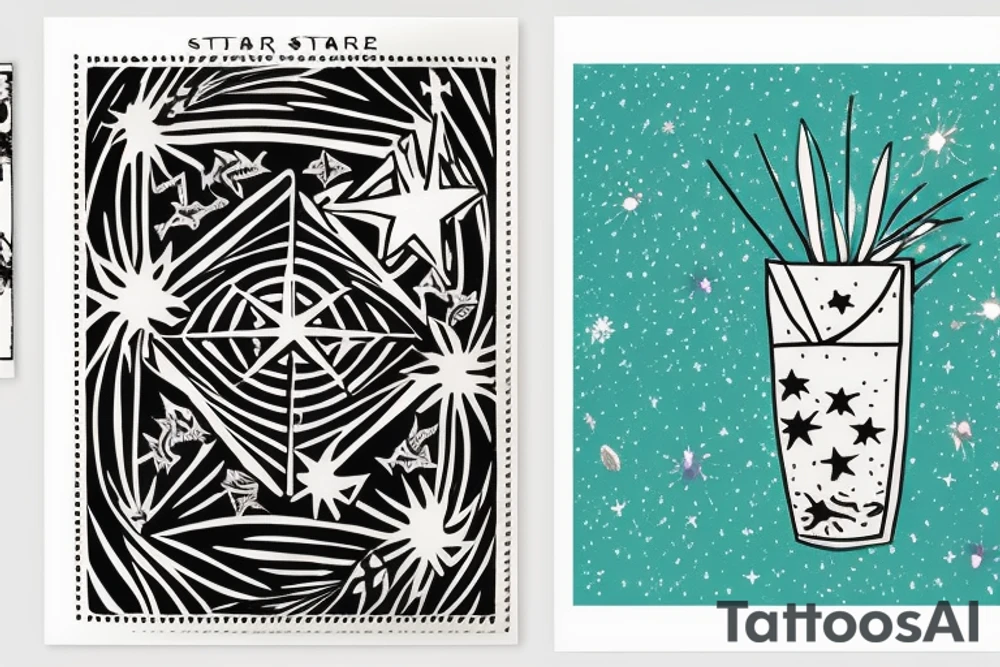 The Star tarot card and on the card is a starry sky background with wayer running along the edges of the card. Monstera leaves along the bottom edge. There is a faceless woman catching water into a vase. All enclosed in the card with a border and XVII in the border. tattoo idea