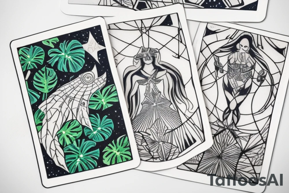 The Star tarot card and on the card is a starry sky background with wayer running along the edges of the card. Monstera leaves along the bottom edge. There is a faceless woman catching water into a vase. All enclosed in the card with a border and XVII in the border. tattoo idea