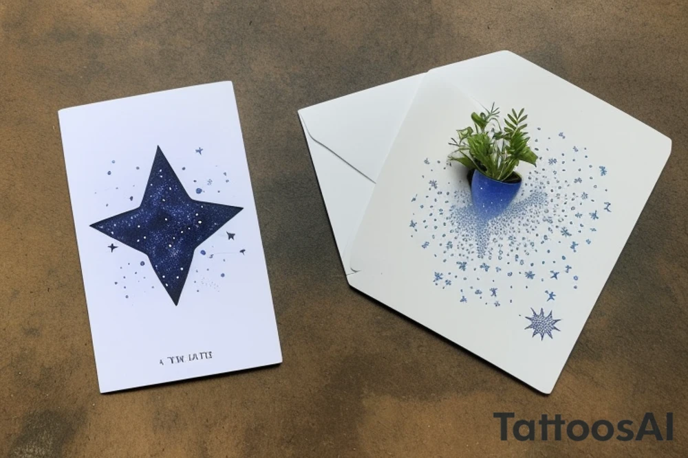 The Star tarot card and on the card is a starry sky background with wayer running along the edges of the card. Monstera leaves along the bottom edge. There is a faceless woman catching water into a vase. All enclosed in the card with a border and XVII in the border. tattoo idea