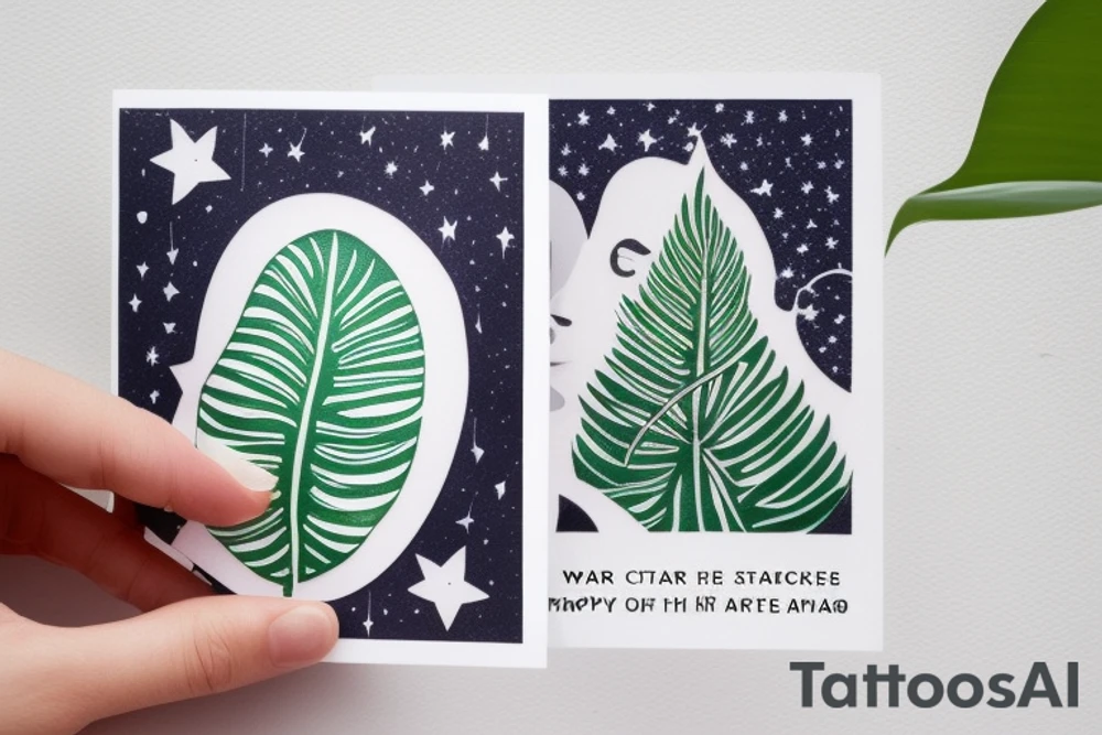 The Star tarot card and on the card is a starry sky background with wayer running along the edges of the card. Monstera leaves along the bottom edge. There is a faceless woman catching water into a vase. All enclosed in the card with a border and XVII in the border. tattoo idea