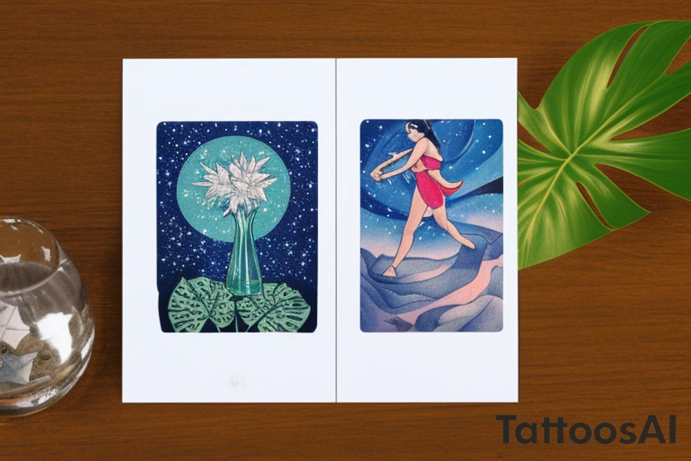 The Star tarot card and on the card is a starry sky background with wayer running along the edges of the card. Monstera leaves along the bottom edge. There is a faceless woman catching water into a vase. All enclosed in the card with a border and XVII in the border. tattoo idea