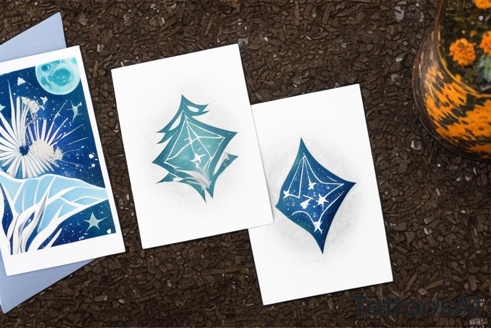 The Star tarot card and on the card is a starry sky background with wayer running along the edges of the card. Monstera leaves along the bottom edge. There is a faceless woman catching water into a vase. All enclosed in the card with a border and XVII in the border. tattoo idea