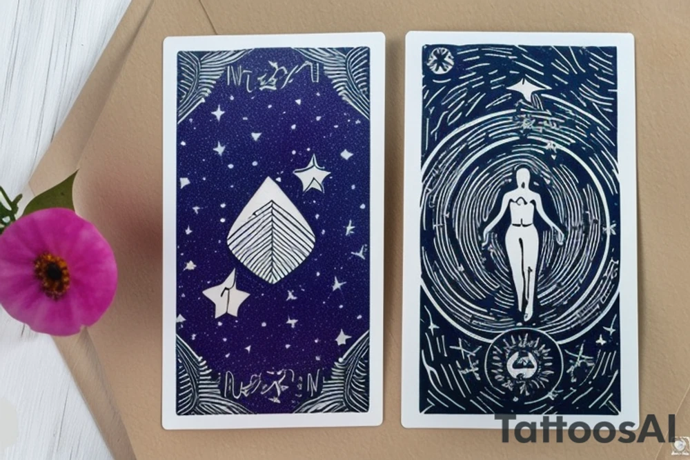 The Star tarot card and on the card is a starry sky background with wayer running along the edges of the card. Monstera leaves along the bottom edge. There is a faceless woman catching water into a vase. All enclosed in the card with a border and XVII in the border. tattoo idea