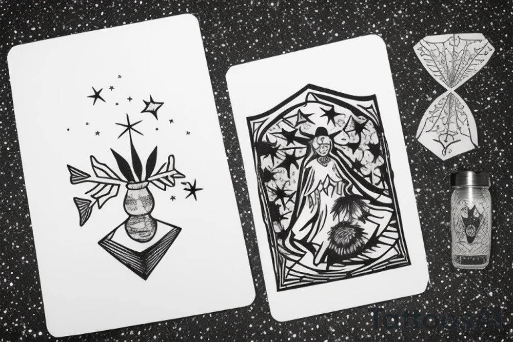 The Star tarot card and on the card is a starry sky background with wayer running along the edges of the card. Monstera leaves along the bottom edge. There is a faceless woman catching water into a vase. All enclosed in the card with a border and XVII in the border. tattoo idea