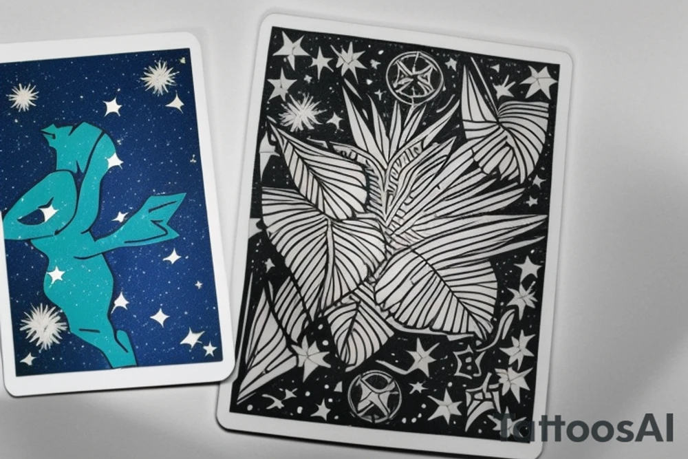 The Star tarot card and on the card is a starry sky background with wayer running along the edges of the card. Monstera leaves along the bottom edge. There is a faceless woman catching water into a vase. All enclosed in the card with a border and XVII in the border. tattoo idea